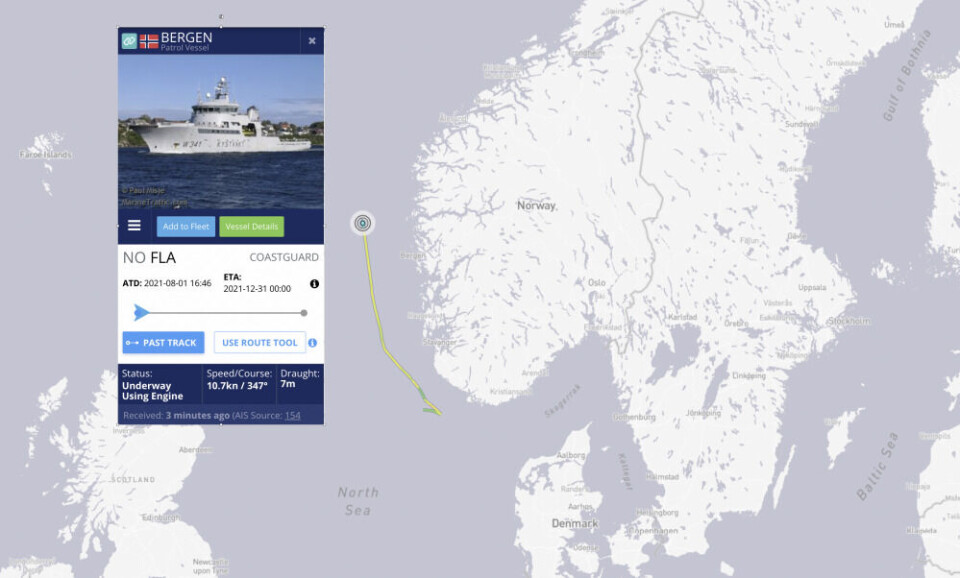 Norwegian Coast Guard vessel “KV Bergen” is likely following the group of Russian navy ships sailing northwest of the city with the same name Wednesday afternoon. Screenshot from MarineTraffic.com