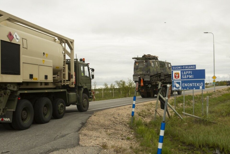 Norwegian military vehicles crossed the border to Finland at Kivilompolo after exercise Thunder Bolt in Finnmark. Photo: Didrik Linnerud Arnesen / Norwegian Armed Forces