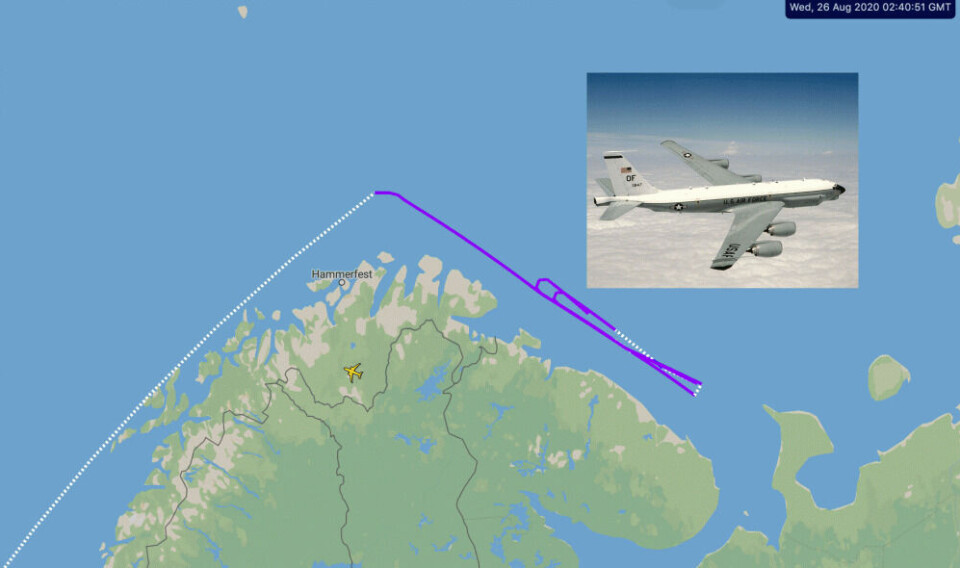 An U.S. Air Force RC-135U Combat Sent aircraft circles outside Russia's Kola Peninsula, over waters known to be exercise areas for the Northern Fleet. Map screenshot from Planefinder / Photo: U.S. Air Force