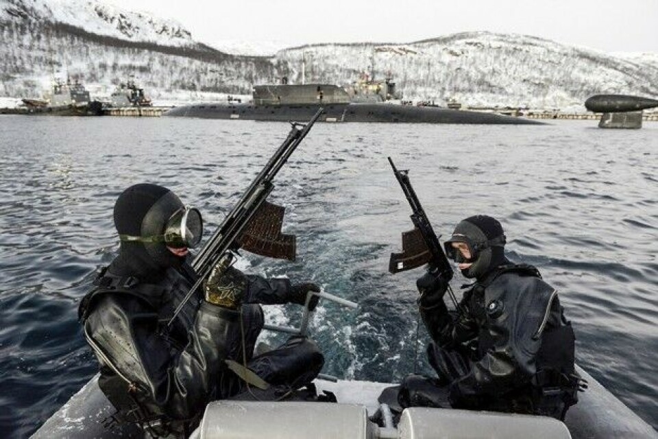 Two soldiers with the underwater sabotage forces during an anti-terror drill at the Vidyayevo submarine base a few years ago. Photo: Russian Northern Fleet