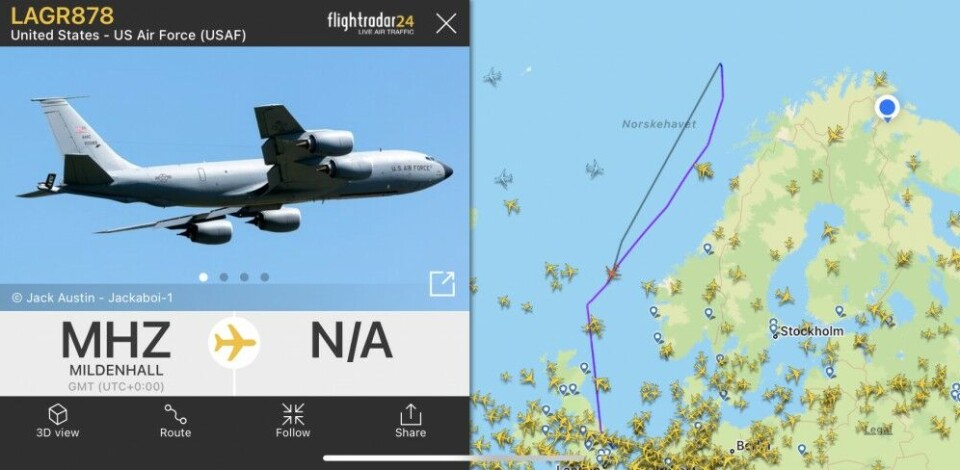 The U.S. Air Force KC-135T tanker aircraft flying over the Norwegian Sea on January 26. Screenshot from FlightRadar24.com