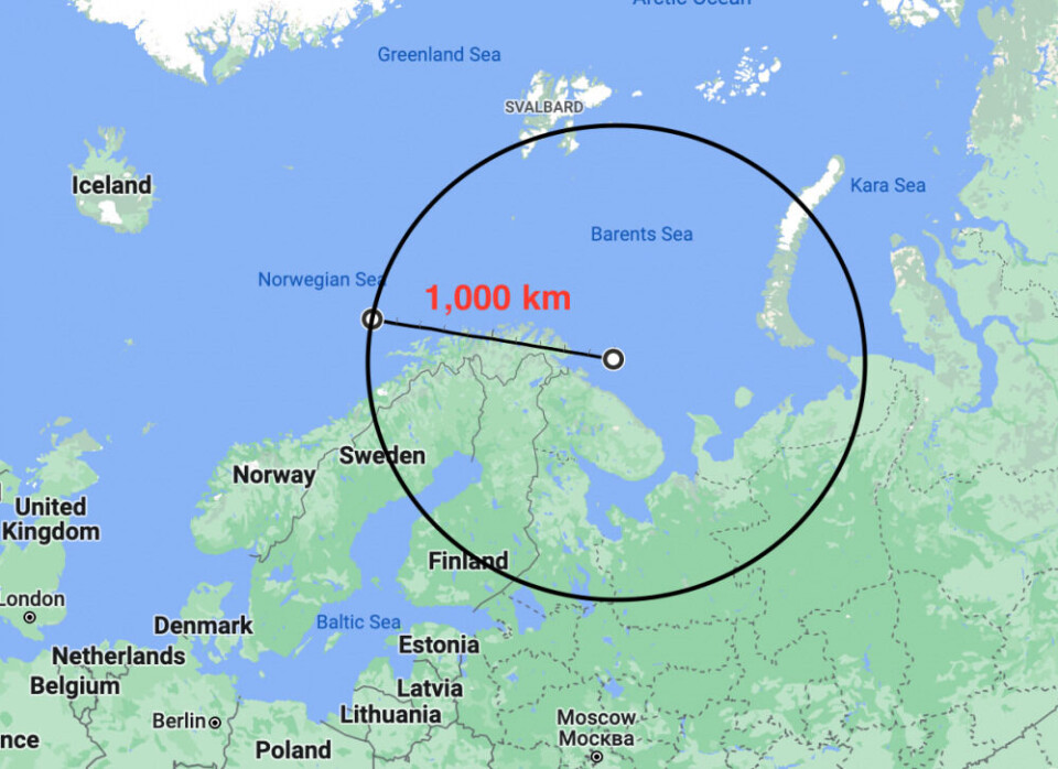 With a range of 1,000 km, the Tsirkon missile launched from the Russian sector of the Barents Sea can hit sea targets in larger areas of the Arctic and North-Atlantic. Source: Google map / Barents Observer