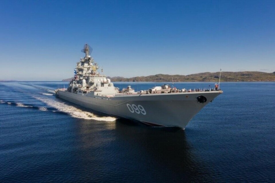 The nuclear-powered battle cruiser “Pyotr Velikye” sailing out of the Kola Bay. Photo: Northern Fleet