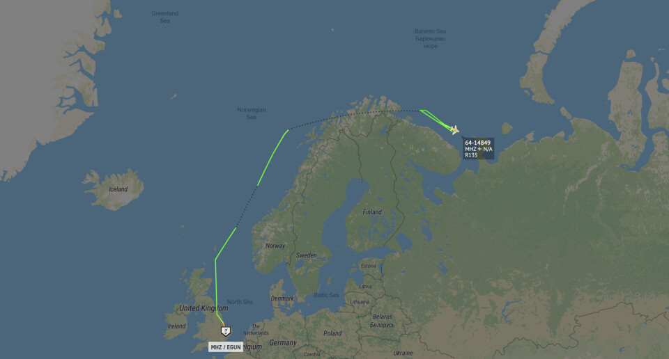 The RC-135 flew outside Norway in international airspace to the Barents Sea. Screenshot from PlaneFinder