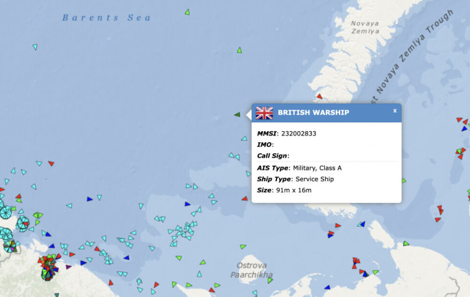 The Royal Navy vessel was Thursday morning located just west of the Russian Navy’s warning areas along the coast of Novaya Zemlya. Screenshot from exactEarth Shipview.
