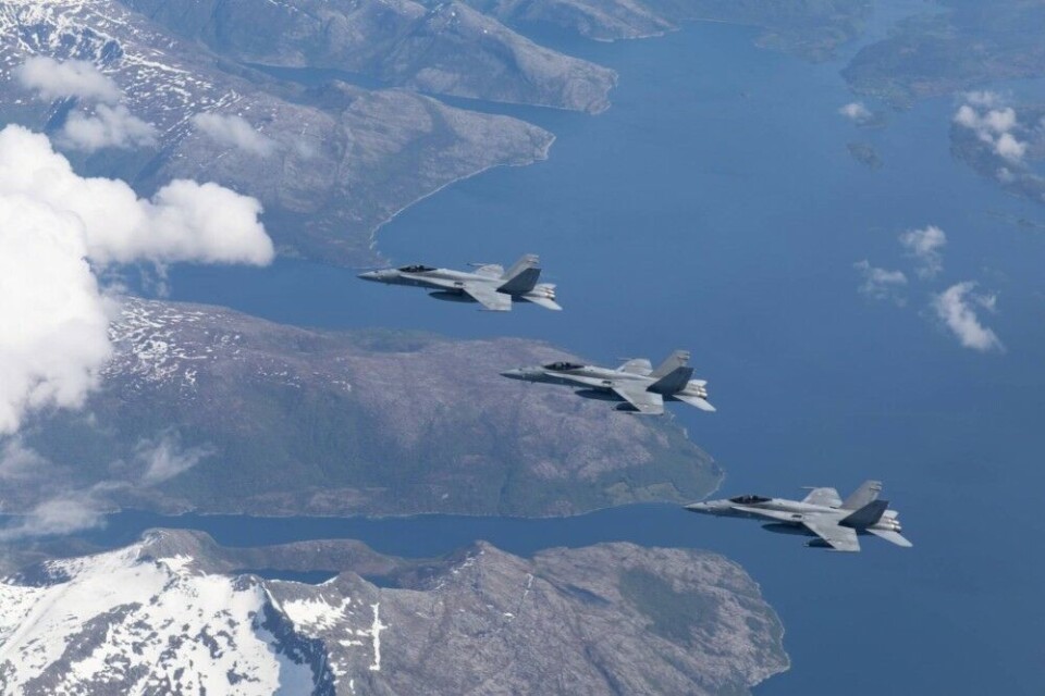 Three Finnish F/A-18 Hornet in the skies over Norway on June 2. Photo: Finnish Air Force