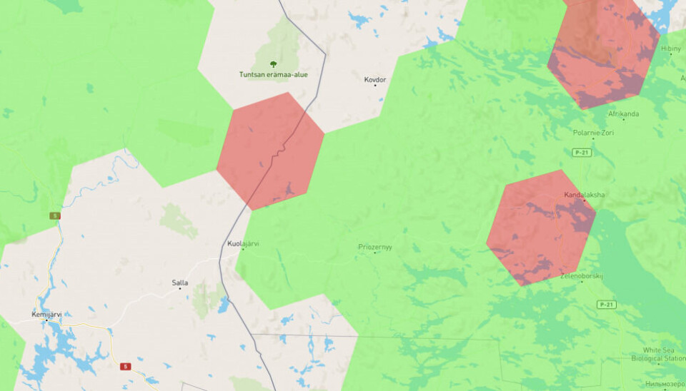 On December 20, GPS signals were jammed in the Russia, Finland border area north of Alakurtti, where Russia’s 80th Motorized Rifle Brigade is based. Screenshot from GPSjam.org