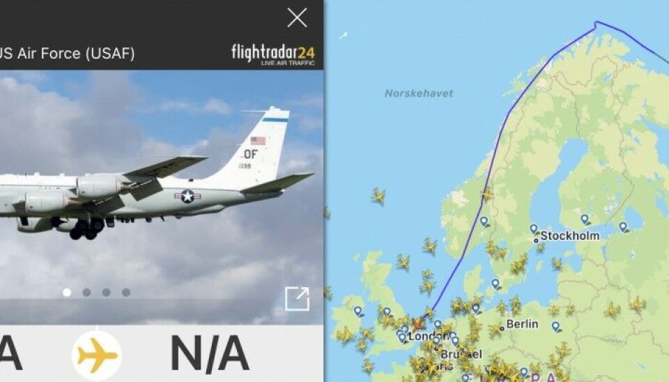 The American military plane flew over Norway for most of the flight back from neutral waters north of the Kola Peninsula. Screenshot from FlightRadar24