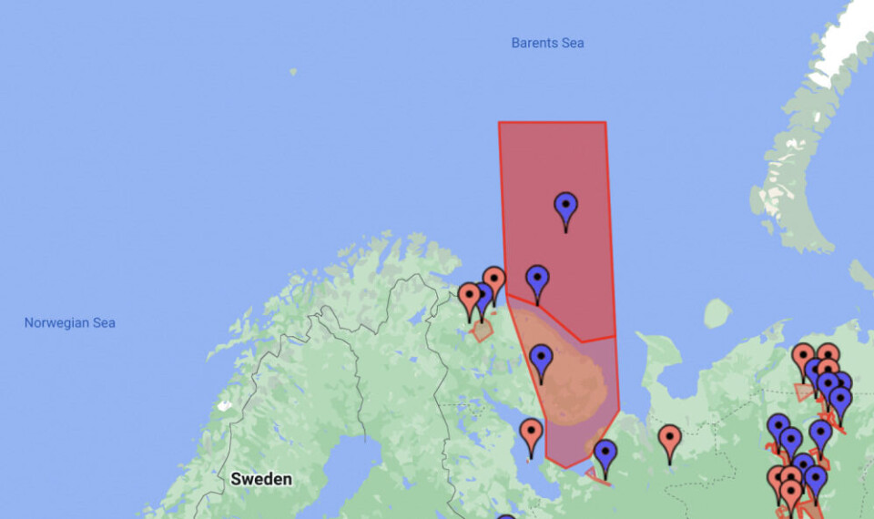 A huge 'playground' for weapons shooting is activated for May 27 to 31 across the Kola Peninsula from the White Sea Barents Seas. The northwestern corner of the red-marked area is on the Norwegian side of the delimitation line. Source: NotamMap.net / Barents Observer