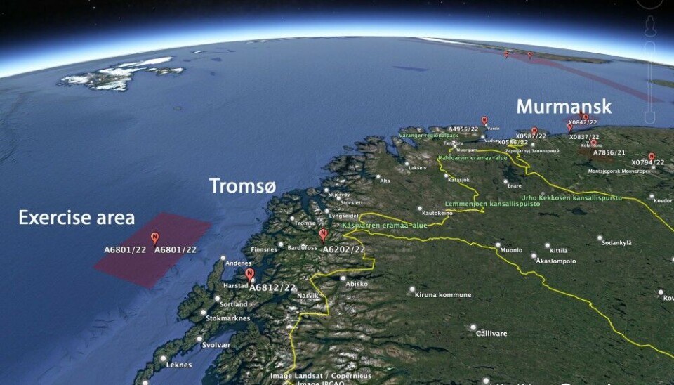 An area of about 15,000 km2 (marked red) in the Norwegian Sea west of Tromsø is closed off for civilian air traffic and shipping November 9-11. Map sources: NotamMap / Google Earth / Barents Observer