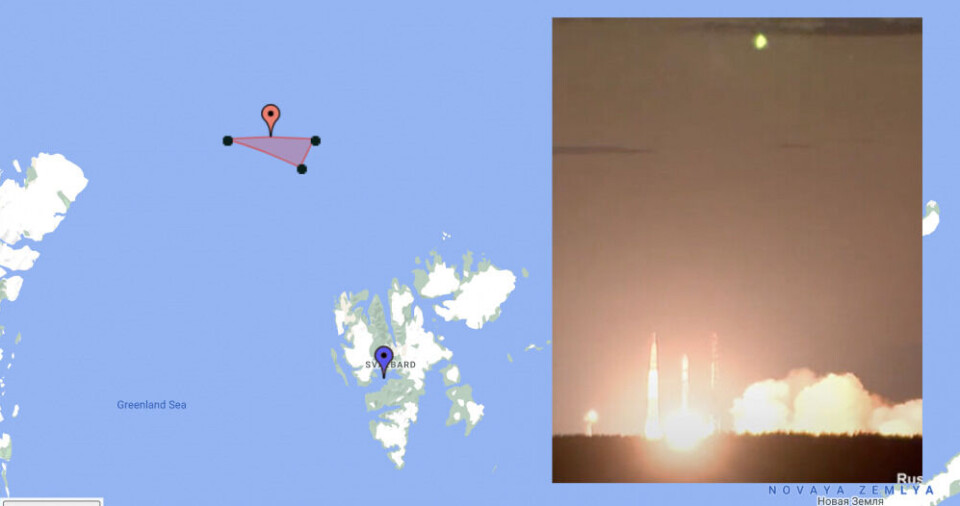 The splash down danger area is at 82 degrees north in the Greenland Sea. Illustration: NotamMap / Barents Observer /Russian Defense Ministry (photo)