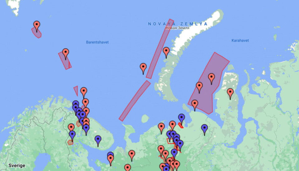 There are currently seven or eight Russian “Notice to Aviation” (NOTAM) areas in and over the Barents and Kara Seas, which is more than usual for this time of year. Illustration: NotamMap / Barents Observer