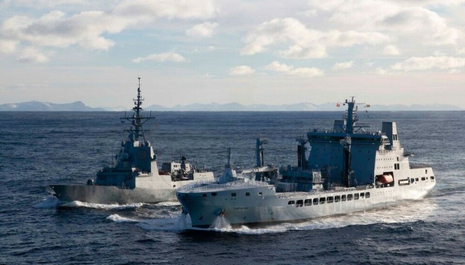 Allied warships train in North Norwegian waters. Here 'ESPS Alvaro de Bazan' during a Replenishment at Sea with 'RFA Tidesurge.' Photo: NATO media center