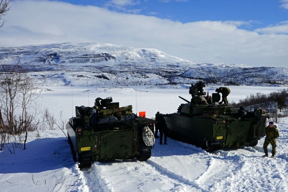 Armored CV90 tracked vehicles at Porsangermoen, the northernmost military camp in Western Europe. Photo: Thomas Nilsen