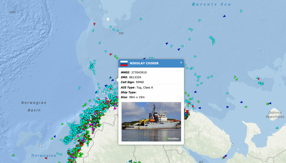 Russian Navy tug “Nikolai Chiker” sailing south along the Norwegian coast on the 22nd March 2023. Screenshot of ship traffic service