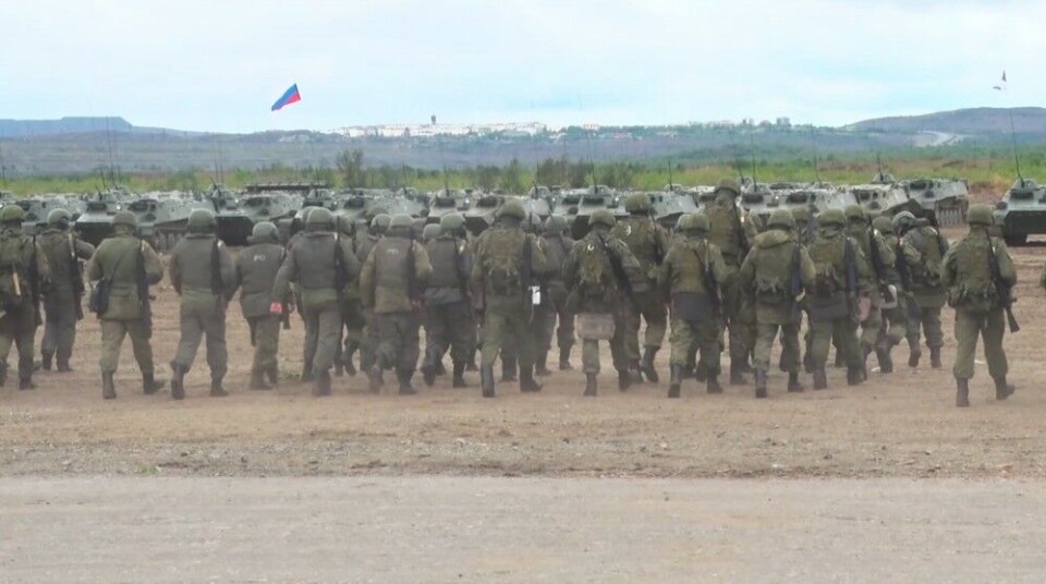 Ceremony for the Arkhangelsk Battalion held outside Zapolyarny, the border town near Norway. Screenshot of video by Governor Tsybulsky’s Telegram channel