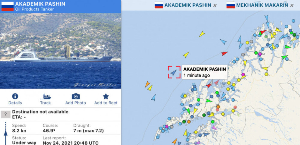 The naval tanker “Akademik Pashin” was the only of the three Northern Fleet vessels sailing with the AIS turned on when passing Andøya late Wednesday evening. Screenshot from Vesselfinder.com