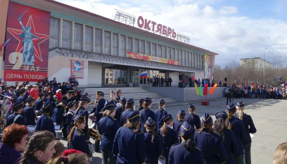 Norwegian youth marching band performs in Zapolyarny in connection with 9th of May celebrations in 2016. Photo: Atle Staalesen