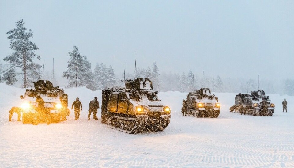 Armoured Support Group Royal Marines conducting snow and ice driver training at Setermoen, North Norway. Photo: LPhot Paul Hall / Royal Navy