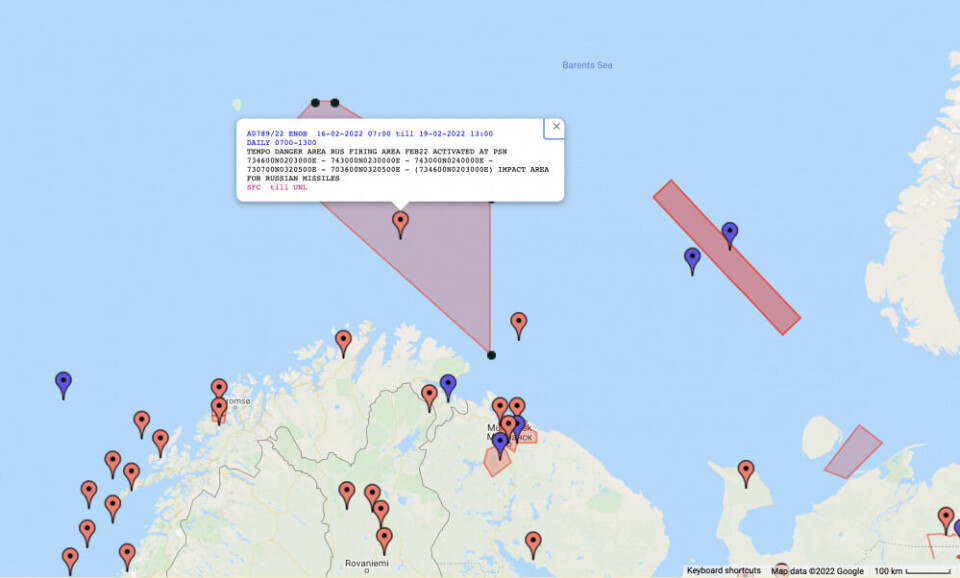 The danger zone warning is set for the period February 16 to 19, daily between 07.00 and 13.00. Screenshot from notaminfo.com