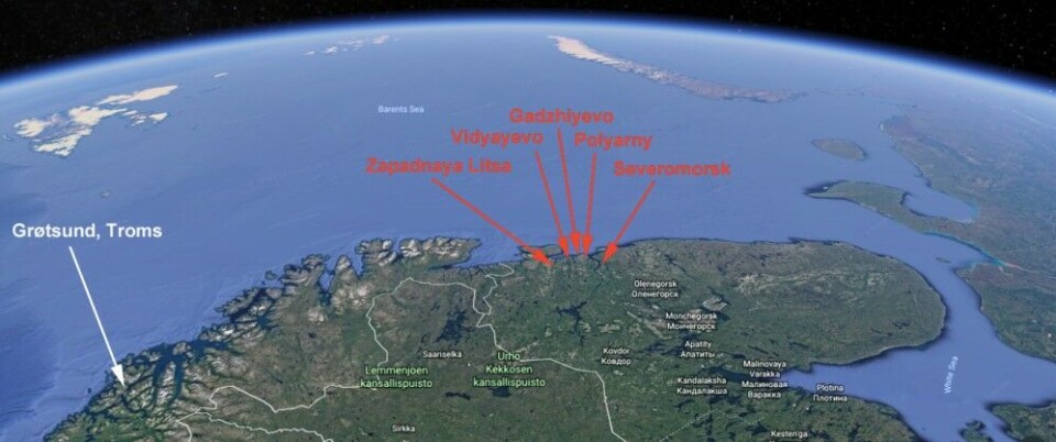 Норвежские и российские базы подводных лодок. Иллюстрация: Barents Observer / Google Планета Земля