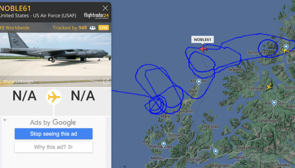 A B-52 took part in exercise Joint Viking on Saturday, March 11, in the skies over Northern Norway. Screenshot from FlightRadar24.com