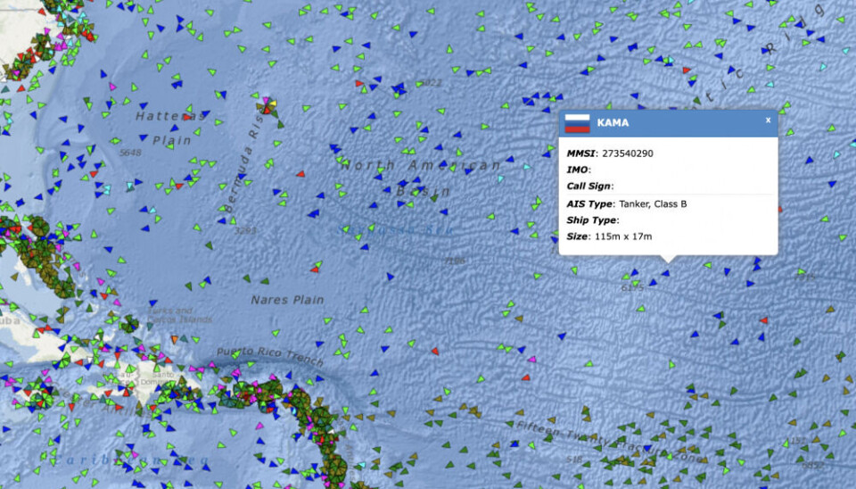 The Northern Fleet tanker Kama is sailing together with Admiral Gorshkov. Mid-Atlantic, east of Florida on Wednesday. Screenshot from exactEarth ShipView