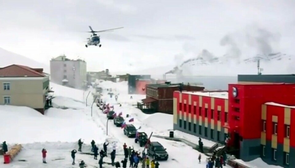 Military-style Russian parade in Barentsburg, the Norwegian Arctic archipelago. Screenshot of video shared by Russian Ministry of Far East and Arctic