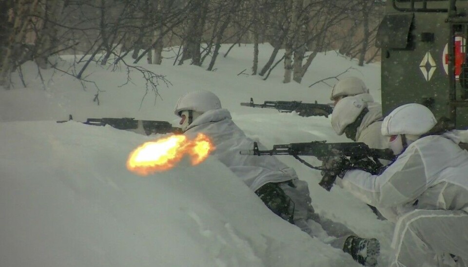 Soldiers with Russia's 61st Naval Infantry Brigade on winter training in the Pechenga region, a few kilometers from the border with Finland and Norway. Photo: Northern Fleet
