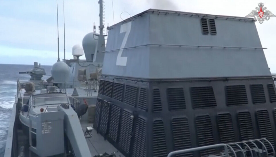 With the pro-war Z symbol painted on the smokestack, Russian navy frigate Admiral Gorshkov sails world oceans. Screenshot from Defense Ministry video