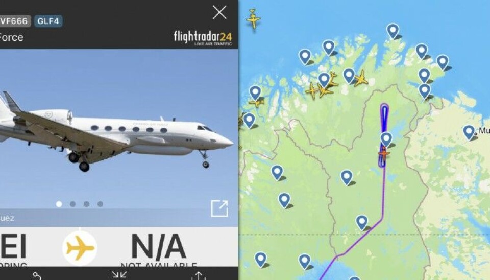 The Swedish S 102 B GULFSTREAM signal intelligence plane flew close to the Russian border over lake Inari on Wednesday before heading south along Finland's eastern border. Screenshot from FlightRadar24.com