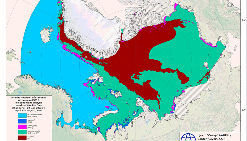 Sea-ice in the Arctic in early May 2023. Map by Russian Arctic and Antarctic Research Institute