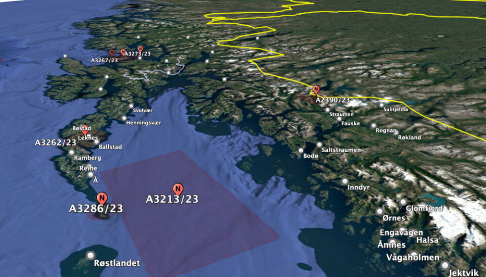 No-fly-zone for civilian aircraft (marked red) in the Vestfjorden between Bodø and the Lofoten islands. Illustration from Notammap.net, Google Earth / Barents Observer