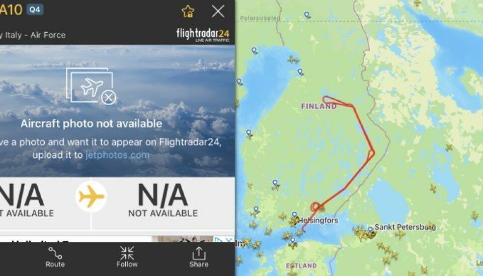 The flight over Finnish airspace could be followed via civilian air traffic systems as the drone continued north along the border with Russia. Screenshot from FlightRadar24.com / Barents Observer