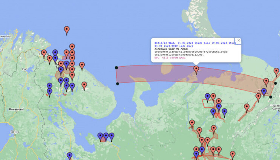 The red-marked warning area stretches nearly 1,000 km from west of Cap Kanin to east of Vorkuta in the Ural Mountains. Also several areas near Murmansk is closed for civilian aviation in the days ahead. Image by NotamMap.net
