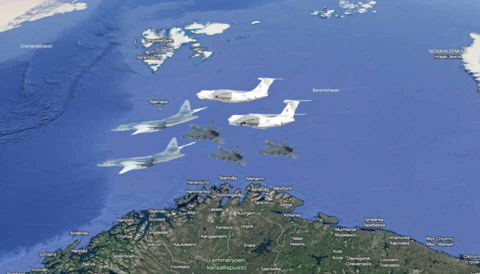 The planes flew out from the Kola Peninsula and continued westbound in international airspace between Svalbard and mainland Norway. Map: Barents Observer / Google Earth. Aircraft photos: Norwegian Air Force