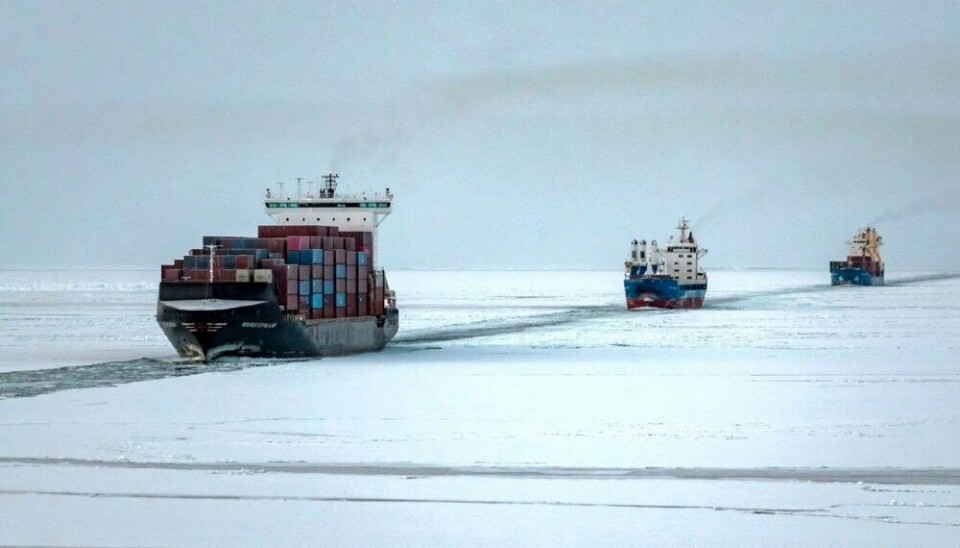 On its way across the Northern Sea Route, the Newnew Polar Bear (left) sailed in convoy with cargo ships Pola Dudinka and Tersky Bereg. Photo: Rosatomflot on VK