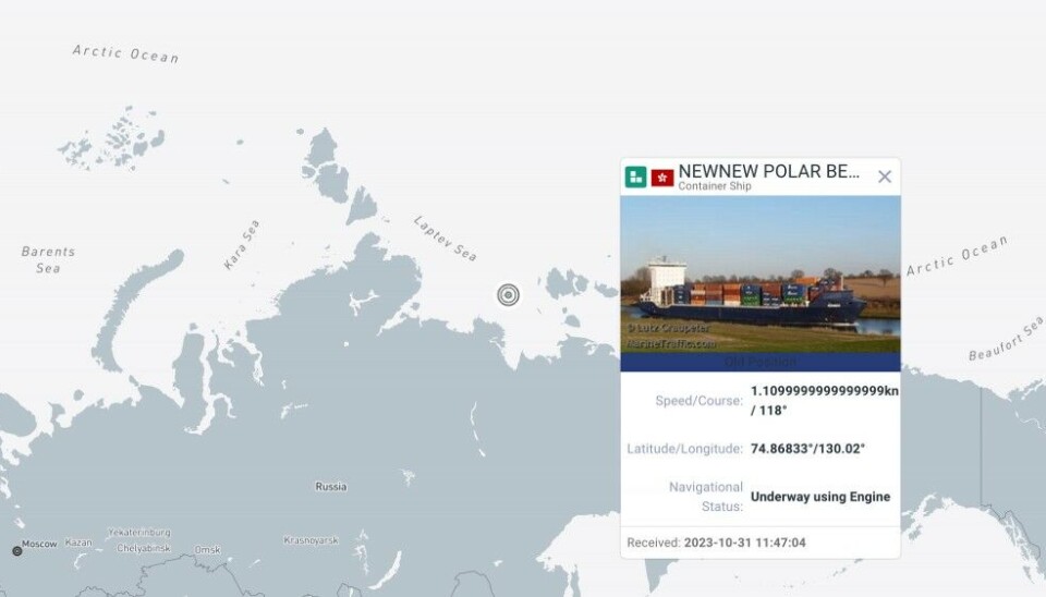 Положение Newnew Polar Bear в Восточно-Сибирском море 31 октября. Снимок экрана сервиса MarineTraffic