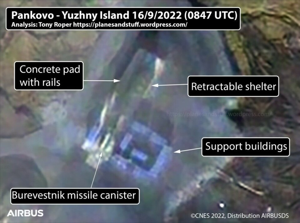 This satellite image shows a canister for the Burevestnik nuclear-powered missile in place next to the retractable shelter at Pankovo test site. Image republished with permission from Tony Roper / planesandstuff.wordpress.com