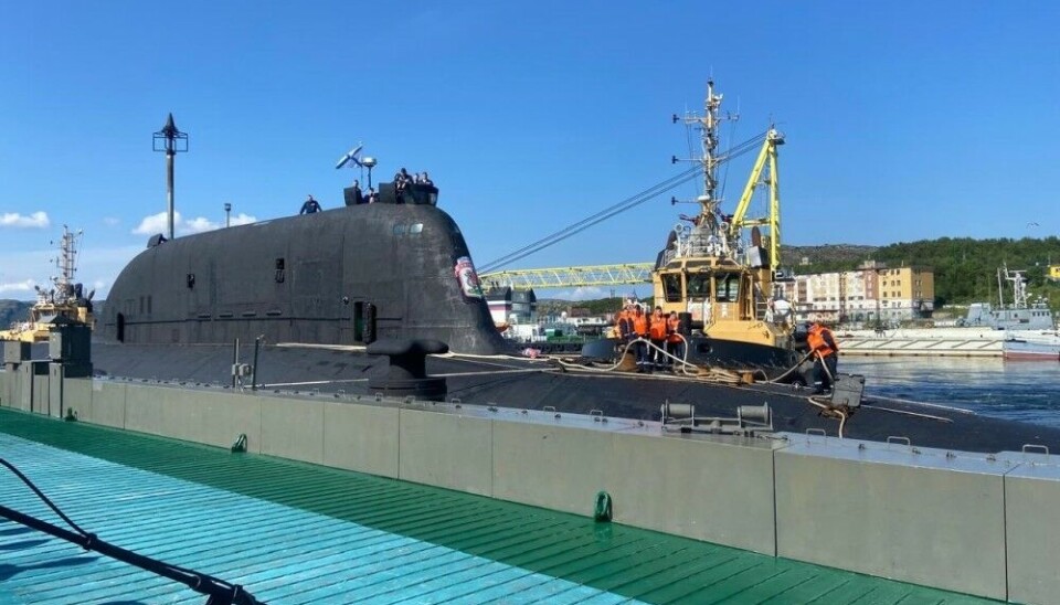 Home after two months at sea. The Kazan submarine docked at a pier in Bolshaya Lopatka, one of the two basing points in Zapadnaya Litsa. Photo: Zaozersk Administration / Vk