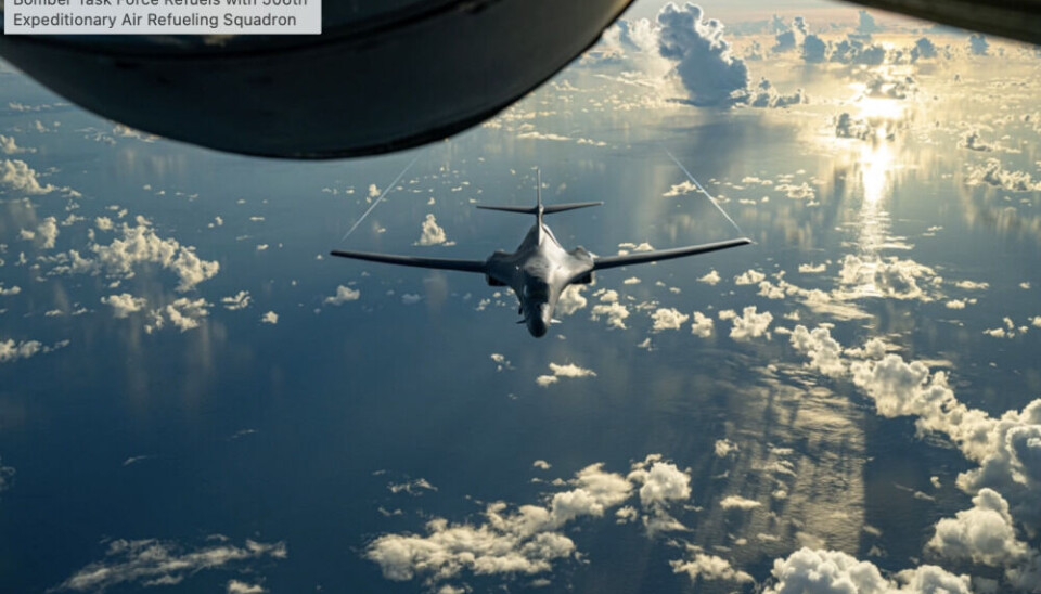 A B-1B Lancer positions behind a KC-135 Stratotanker. When flying long distance missions above the Arctic Circles, the strategic bombers conduct air-to-air refueling from tankers. Photo: Master Sgt. Nicholas Priest 4th Combat Camera Squadron