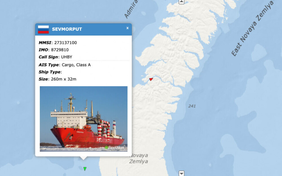 Rosatomflot’s large containership Sevmorput” has in August and September been sailing back and forth between Pankovo and Rogachevo on the southern island of Novaya Zemlya. Screenshot from exactEarth ShipView