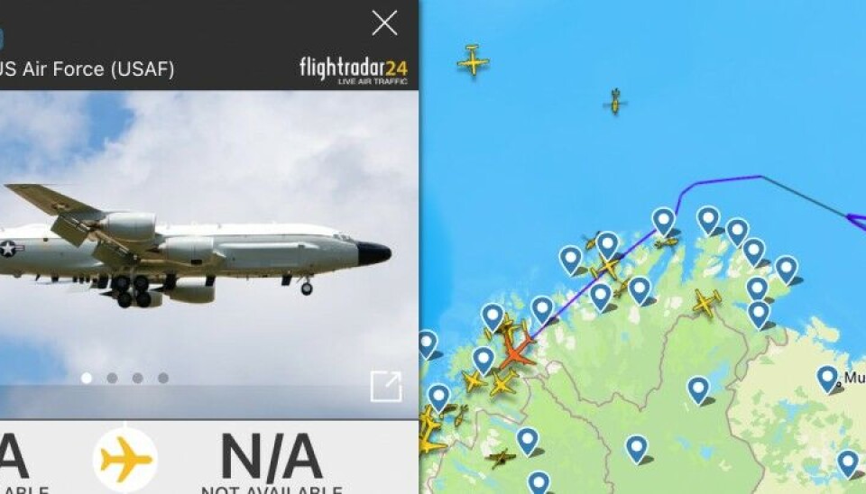 This RC-135V Rivet Joint reconnaissance aircraft flew back and forth outside the Kola Peninsula at the same time as the strategic bombers were in the area. The plane collects national near real-time on-scene intelligence for the United States. Screenshot from FlightRadar24.com