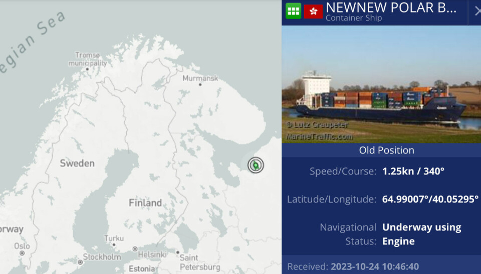 Newnew Polar Bear arrived in Arkhangelsk on the 21st of October and departed towards Northern Sea Route on the 25th. Screenshot of MarineTraffic