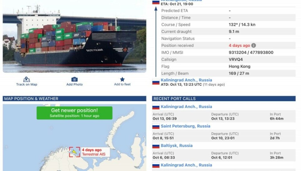 Newnew Polar Bear visited several Russian Baltic ports in beginning of October, among them the naval base of Baltiisk. Screenshot of data from Vesselfinder