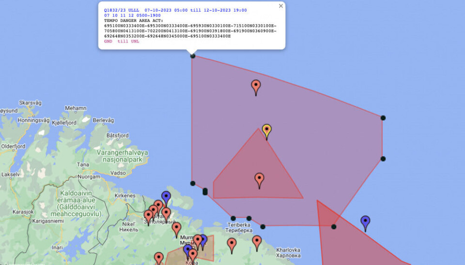Warning to airmen not to enter this area of military activity over the Barents Sea. The NOTAM overlaps into Norwegian Exclusive Economic Zone north of the Varanger fjord. Screenshot from NotamMap.net