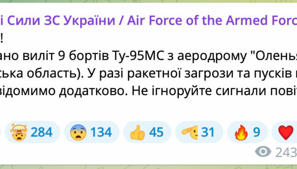 Warning issued by the Ukrainian Air Force early morning 29th of December.
