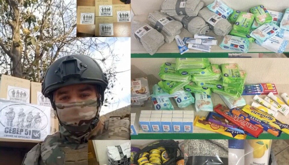 Russian shoppers buy products in the Norwegian border town Kirkenes, which are then re-packed at the humanitarian centre in Murmansk established to support soldiers at the winter-cold battlefields in eastern Ukraine. Here are Norwegian brands of liver pâté, warm wool mid socks, Stratos chocolate, wipes, First Price tea, toothbrushes and paste and Vitamin C dietary supplements. Photos from social media / Collage by Barents Observer