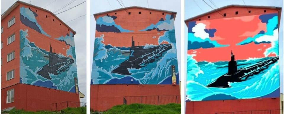 The mural of Gadzhievo. First, a U.S attack submarine was painted on the downtown house wall (right photo). Then, it was repainted to a Russian Delta-class sub (center). And then, 'Z' was removed from the sub tower (left). Collage by the Barents Observer