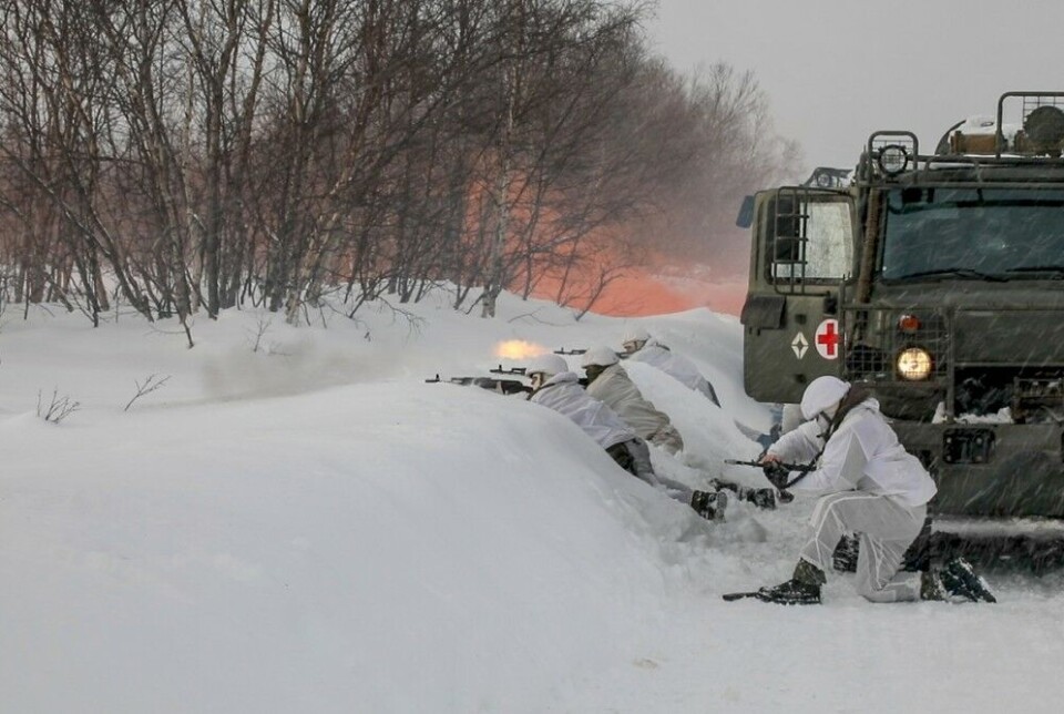 Soldiers from the 200th Motorised Rifle Brigade in Pechenga on winter exercise near Russia's border with Norway.